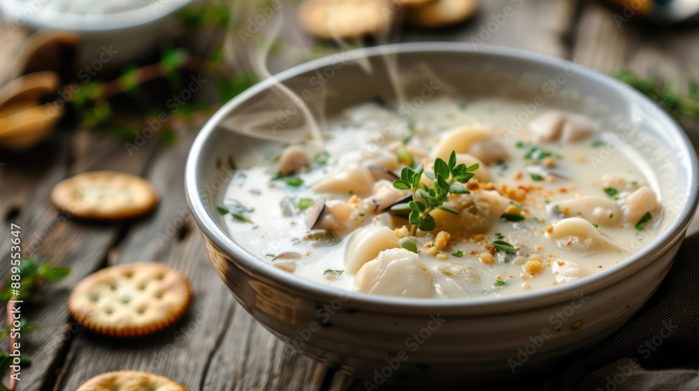 A steaming bowl of clam chowder, garnished with fresh herbs and served with oyster crackers A steaming bowl of clam chowder, garnished with fresh herbs and served with oyster crackers