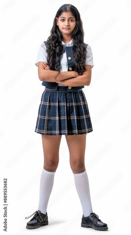 A teen girl in a school uniform, arms crossed, looks directly at the camera A teen girl in a school uniform, arms crossed, looks directly at the camera