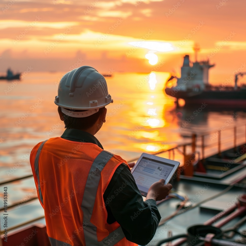 Maritime Mastery: Marine Engineer Gazing at Tablet, Ship in Background with a Spectacular Sunset.