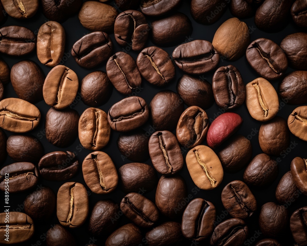 Close-up of roasted coffee beans with a unique red bean standing out. Perfect for coffee-related themes and backgrounds. Close-up of roasted coffee beans with a unique red bean standing out. Perfect for coffee-related themes and backgrounds.