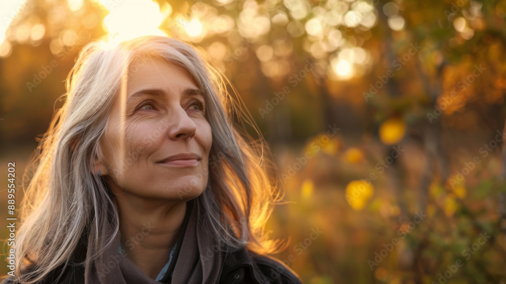 A woman with gray hair smiles softly as she gazes upwards in a sunlit park, her face illuminated by the gentle golden light of the setting sun. A woman with gray hair smiles softly as she gazes upwards in a sunlit park, her face illuminated by the gentle golden light of the setting sun.