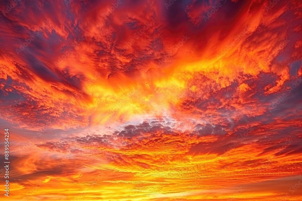 Fototapeta premium Vivid photograph of a fiery sunset sky with bold, dramatic cloud formations, isolated on white background