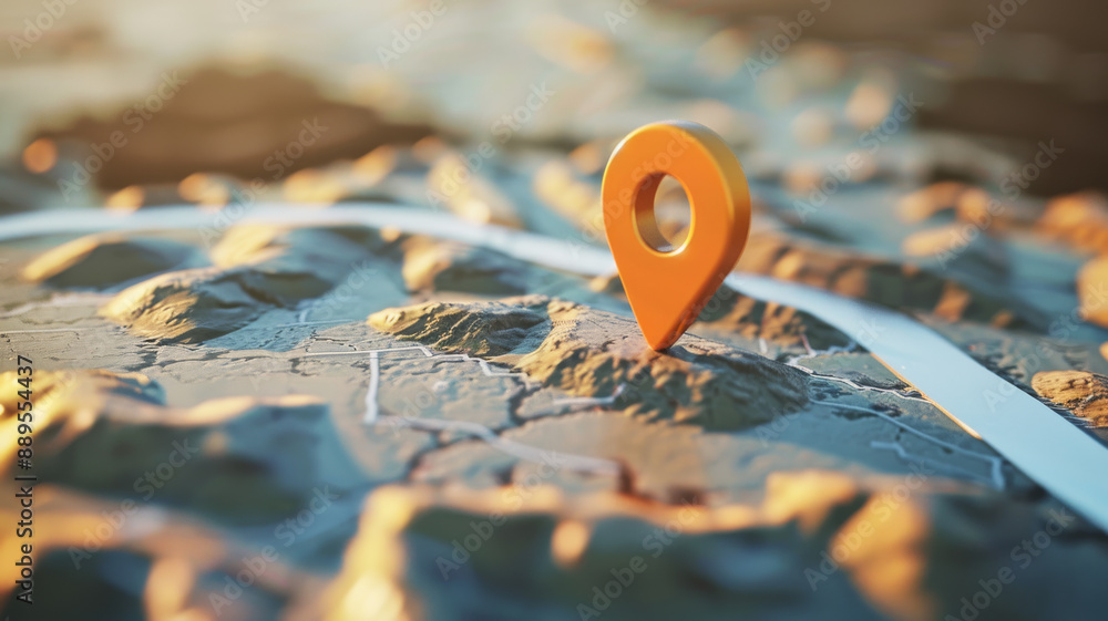 An orange map pin stands prominently on a detailed topographical map, signifying a specific location amidst a varied landscape. An orange map pin stands prominently on a detailed topographical map, signifying a specific location amidst a varied landscape.