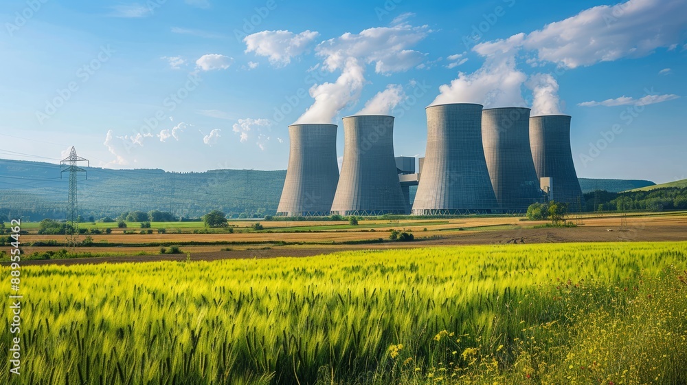 Industrial Panorama: Coal Power Plant with Towering Cooling Towers Amidst Surrounding Landscape, Copy Space. Industrial Panorama: Coal Power Plant with Towering Cooling Towers Amidst Surrounding Landscape, Copy Space.