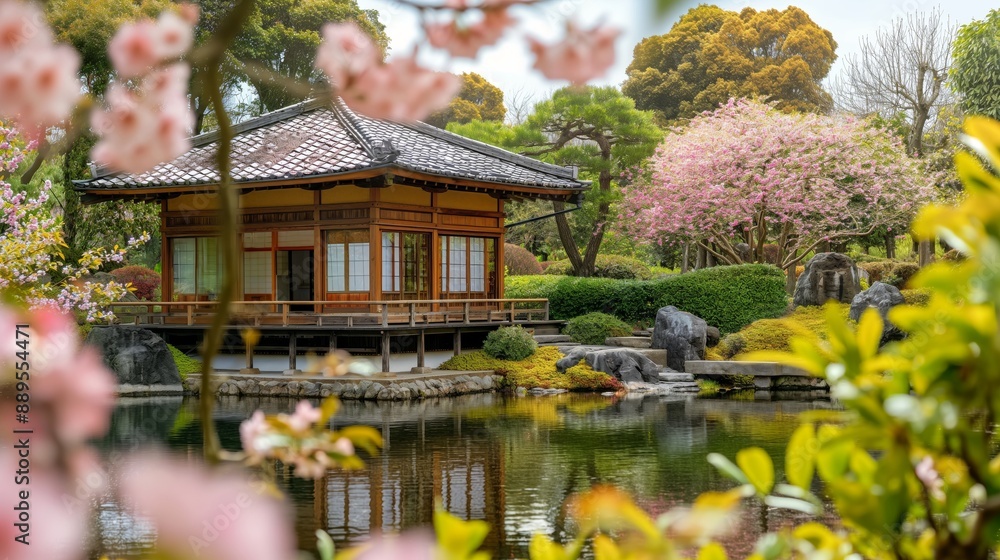 Traditional wooden building by a pond in a serene garden filled with cherry blossoms.