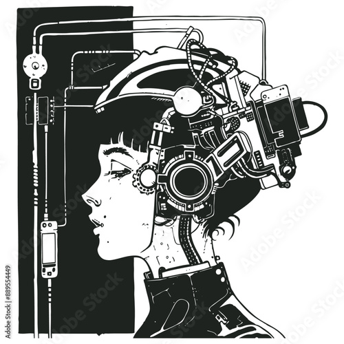 Cyberpunk girl with gadgets, vector	