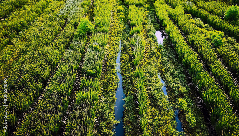 Fototapeta premium Rice grown in lowland areas, flooded rice fields