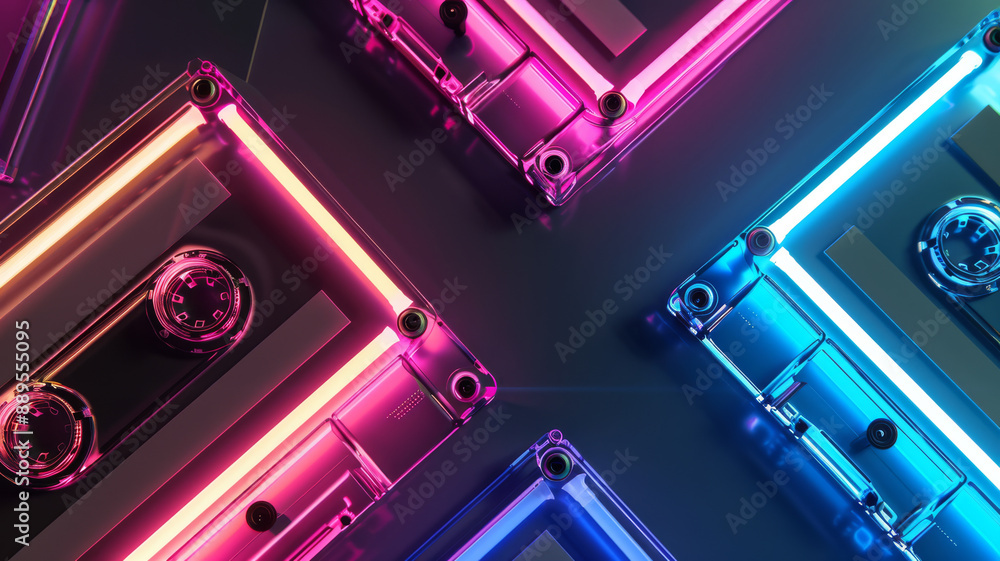 Neon cassette tapes in vibrant pinks and blues are arranged on a dark background, glowing brilliantly and exuding a nostalgic yet futuristic vibe. Neon cassette tapes in vibrant pinks and blues are arranged on a dark background, glowing brilliantly and exuding a nostalgic yet futuristic vibe.