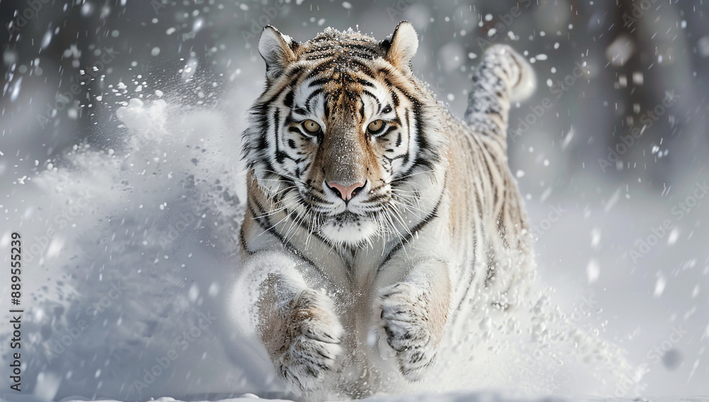 Fototapeta premium Majestic tiger charging through snowy landscape