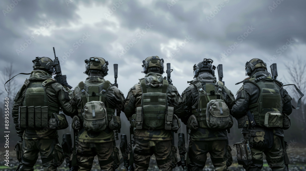 A group of five soldiers in full camouflage gear, seen from behind, standing resiliently under a dramatic, cloudy sky. A group of five soldiers in full camouflage gear, seen from behind, standing resiliently under a dramatic, cloudy sky.