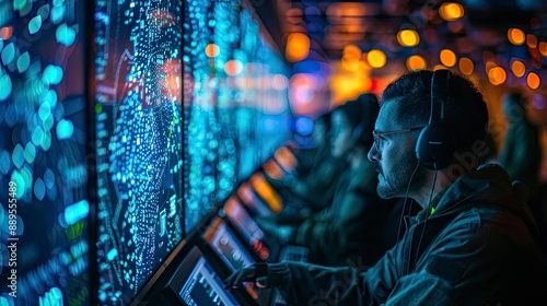 A cybersecurity team conducting a simulated cyber attack response drill in a secure command center