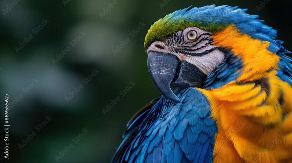 Vibrant blue and yellow macaw parrot with intricate feather patterns, perched and looking sideways, set against a blurred natural background. Vibrant blue and yellow macaw parrot with intricate feather patterns, perched and looking sideways, set against a blurred natural background.