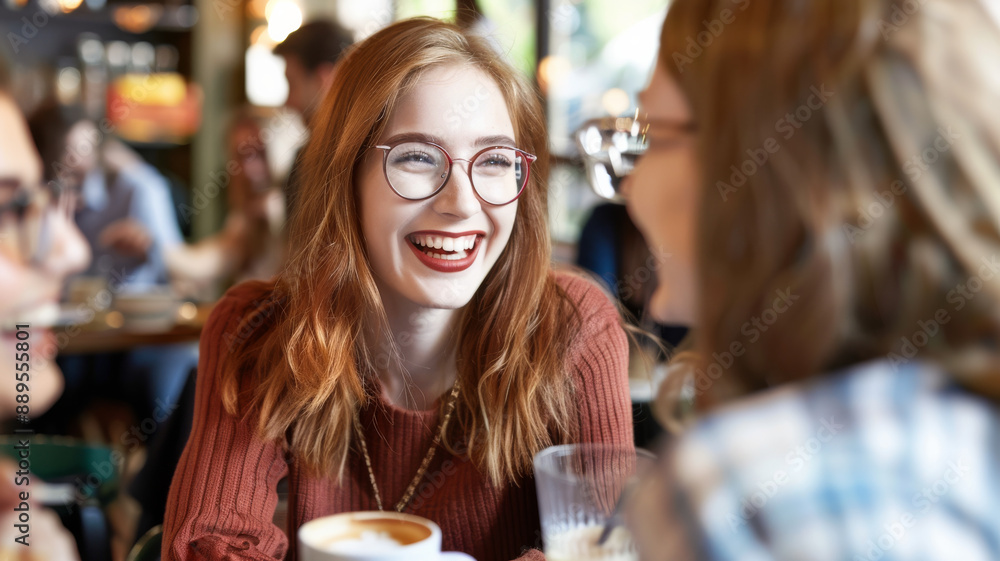 A red-haired woman, laughing vibrantly while sitting at a café table with friends, encapsulating joy and friendship. A red-haired woman, laughing vibrantly while sitting at a café table with friends, encapsulating joy and friendship.