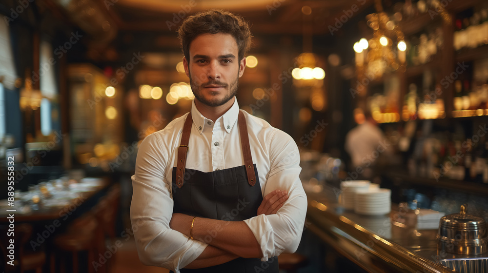 Young male barista with a confident stance, wearing an apron, standing in a warmly lit, elegant cafe with a classic interior. Young male barista with a confident stance, wearing an apron, standing in a warmly lit, elegant cafe with a classic interior.