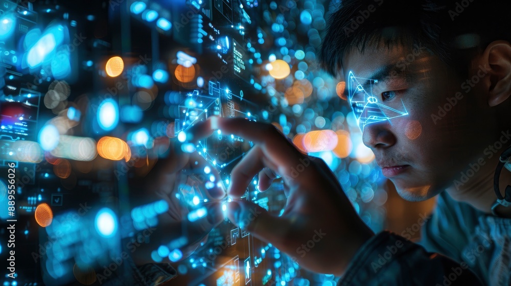 A programmer writing code on a transparent digital screen using gesture-based controls and augmented reality A programmer writing code on a transparent digital screen using gesture-based controls and augmented reality