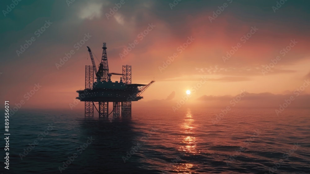 Dawn of Industry: Offshore Oil Drilling Platform at Sunrise with Copy Space. Dawn of Industry: Offshore Oil Drilling Platform at Sunrise with Copy Space.
