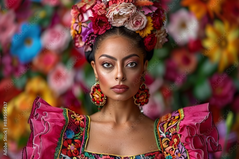 Stunning Woman in Traditional Mexican Dress with Floral Headpiece
Stunning Woman in Traditional Mexican Dress with Floral Headpiece