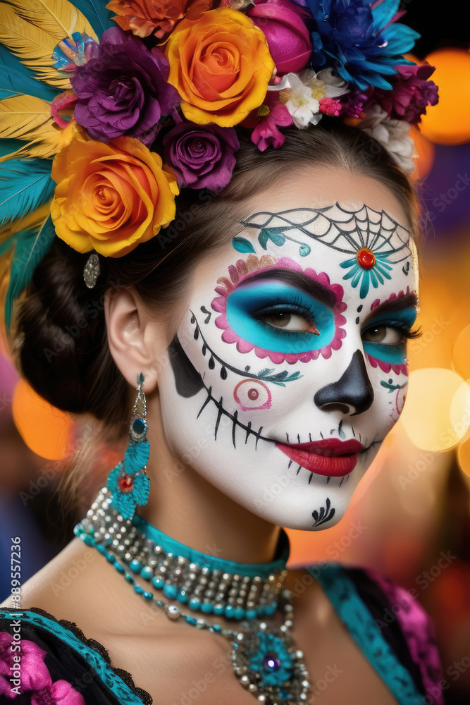 beautiful woman with painted skull on her face for Mexico's Day of the Dead beautiful woman with painted skull on her face for Mexico's Day of the Dead