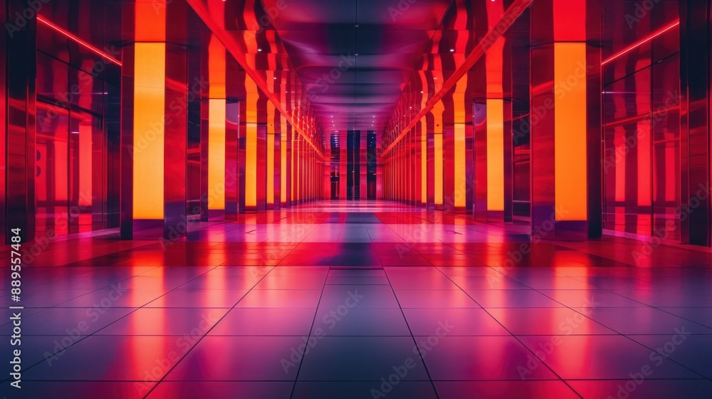 Neon Lit Hallway with Red and Orange Lights Neon Lit Hallway with Red and Orange Lights