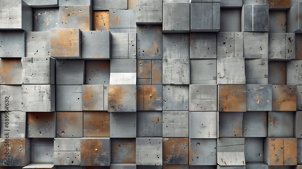 Modern block-like wall design featuring 3D cubes with a mix of metallic and concrete textures, creating a futuristic and industrial look Modern block-like wall design featuring 3D cubes with a mix of metallic and concrete textures, creating a futuristic and industrial look