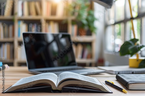 Open book on wooden desk with laptop and pen in home office