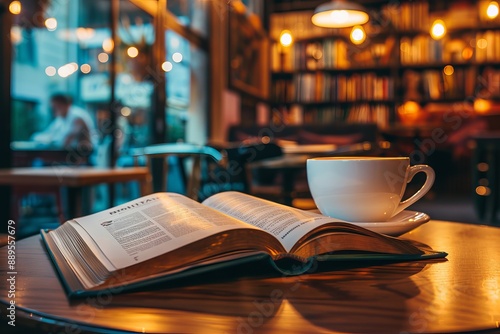 Open book and coffee cup on table in cafe with bookshelf in background