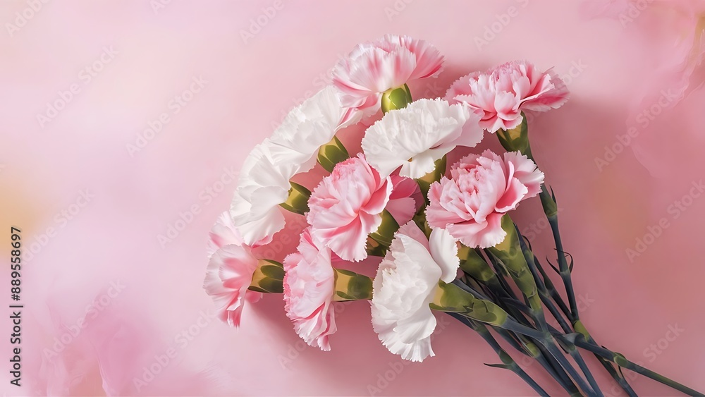 Obraz premium Beautiful pink and white carnation flowers on a pink pastel background