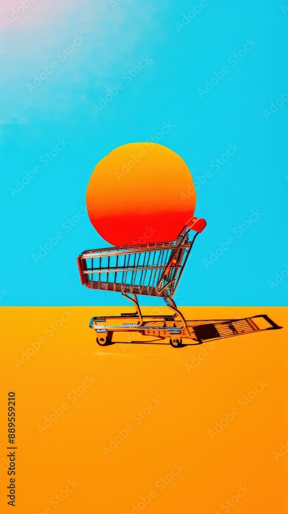 Bright, minimalist photo of a shopping cart holding a large orange sphere, set against vibrant orange and blue background. Bright, minimalist photo of a shopping cart holding a large orange sphere, set against vibrant orange and blue background.