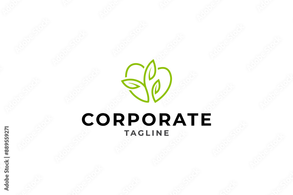 natural leaf logo with heart shape combination in green color flat design style natural leaf logo with heart shape combination in green color flat design style