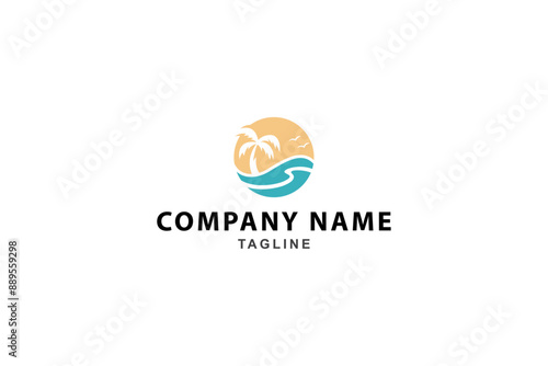 summer beach logo with circle shape in flat design style