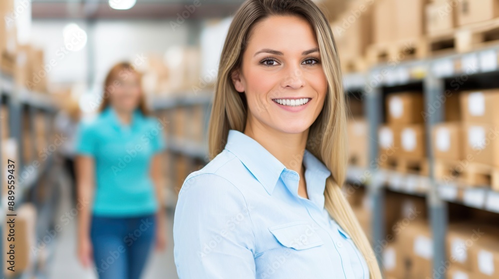 Fototapeta premium Portrait of a smiling businesswoman manager working inside a modern storage room or warehouse.