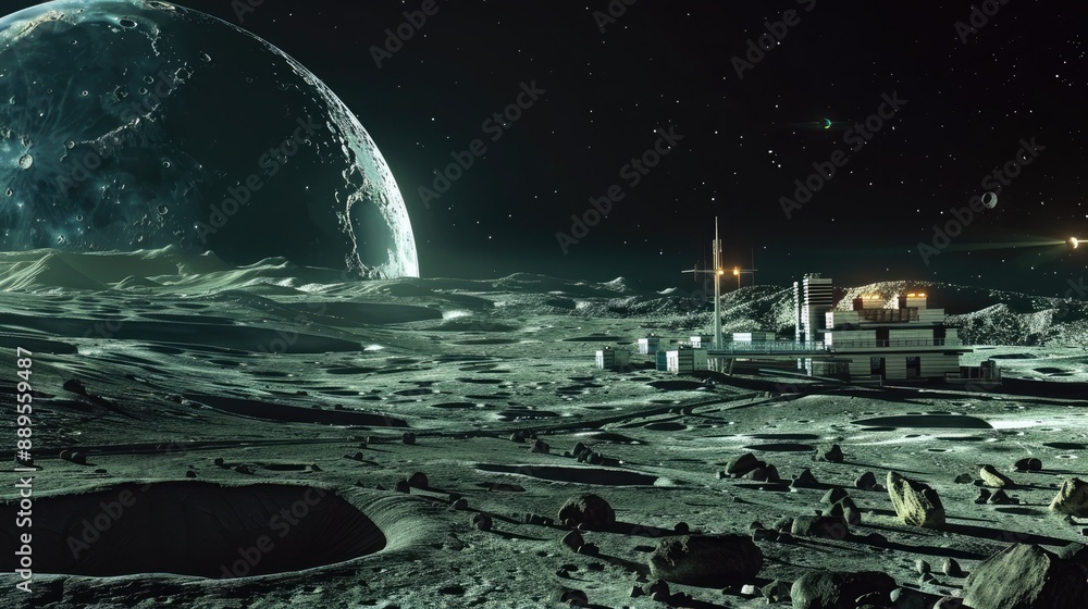 Obraz premium A barren moon with a futuristic research outpost on its surface.
