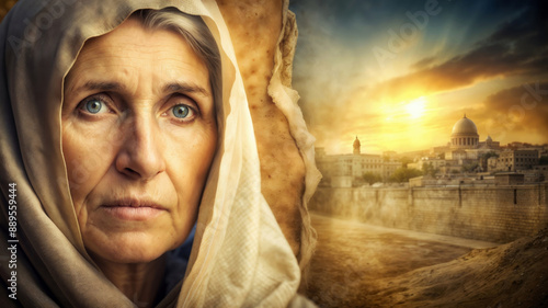 Portrait of a prophetess of God a devout woman with a blurred background of an ancient city photo