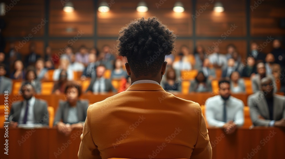 Business professional addressing a large audience in a conference hall, engaging in a corporate presentation or seminar. Business professional addressing a large audience in a conference hall, engaging in a corporate presentation or seminar.