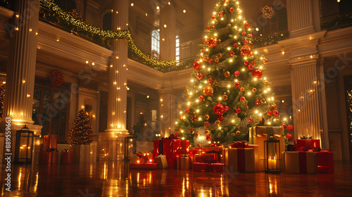 Wallpaper Mural Massive Christmas tree adorned with bright lights and surrounded by presents Torontodigital.ca