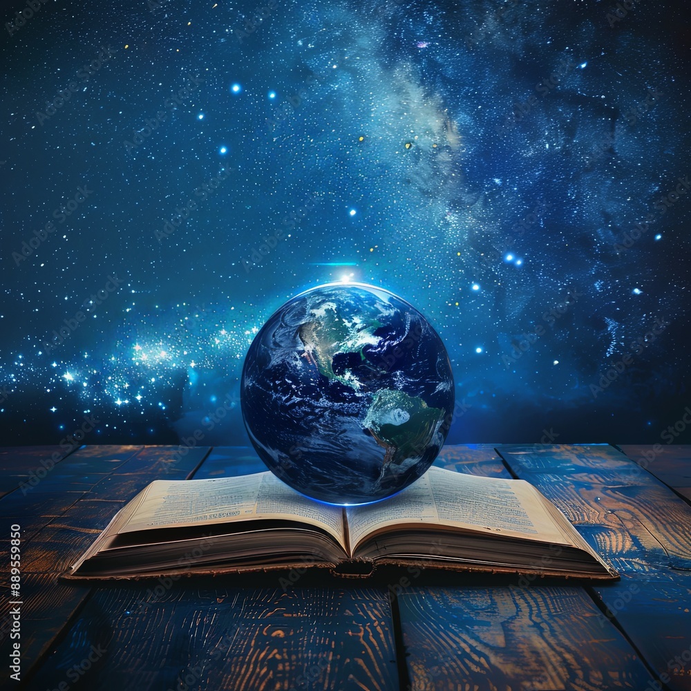 © gen_pick - Conceptual Earth Open Book Glowing Starry Sky