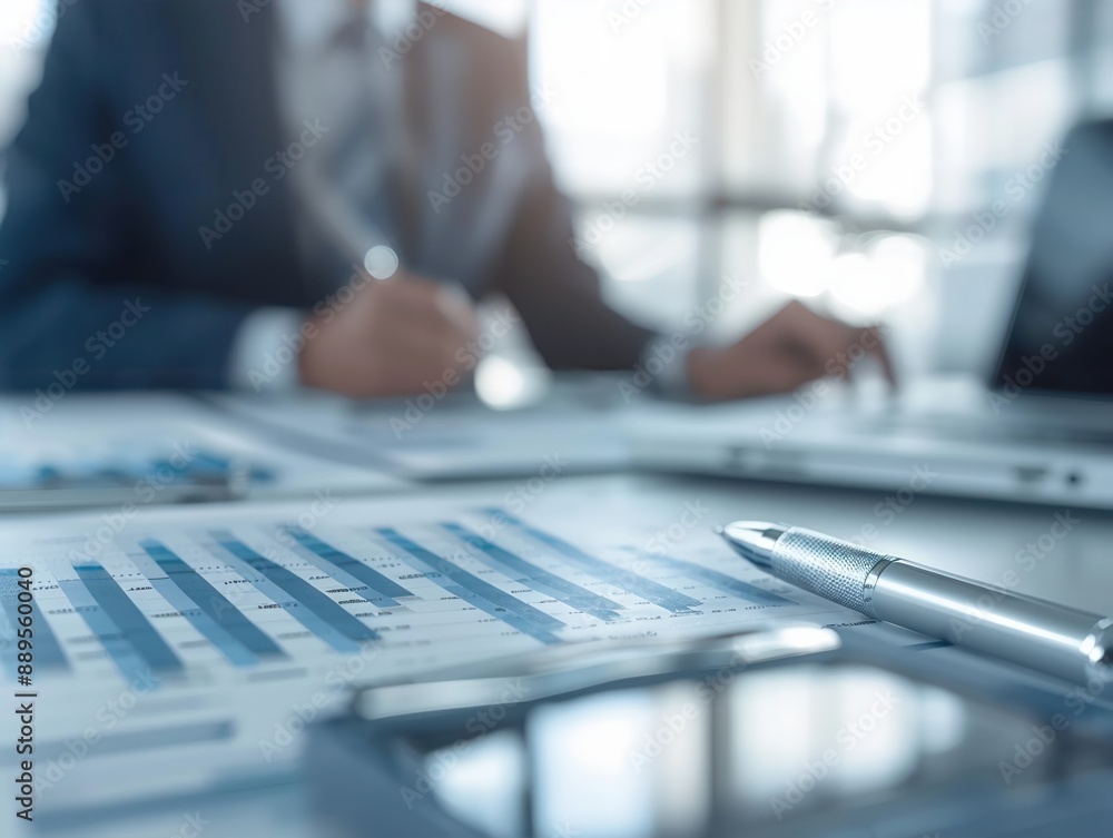 Businessman analyzing financial reports in office with pen and charts on desk, focusing on data and strategy. Businessman analyzing financial reports in office with pen and charts on desk, focusing on data and strategy.
