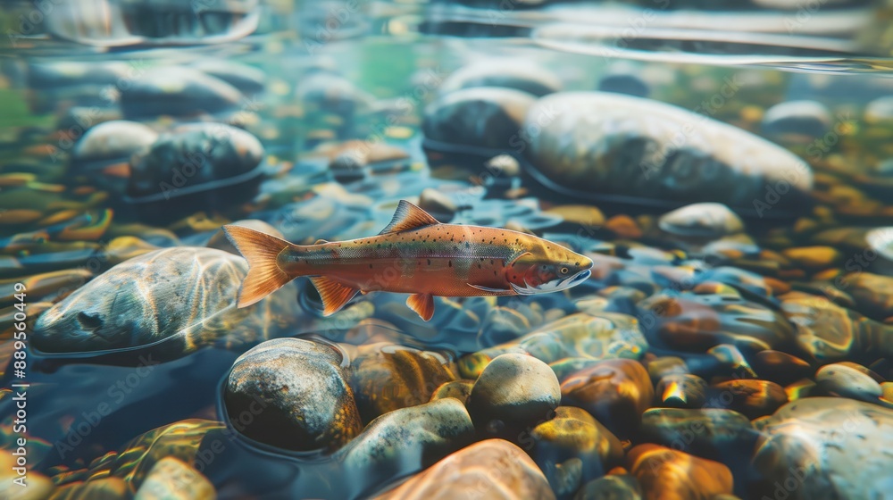 Salmon swims in the waters of a clear river with stones and aquatic plants. Salmon swims in the waters of a clear river with stones and aquatic plants.
