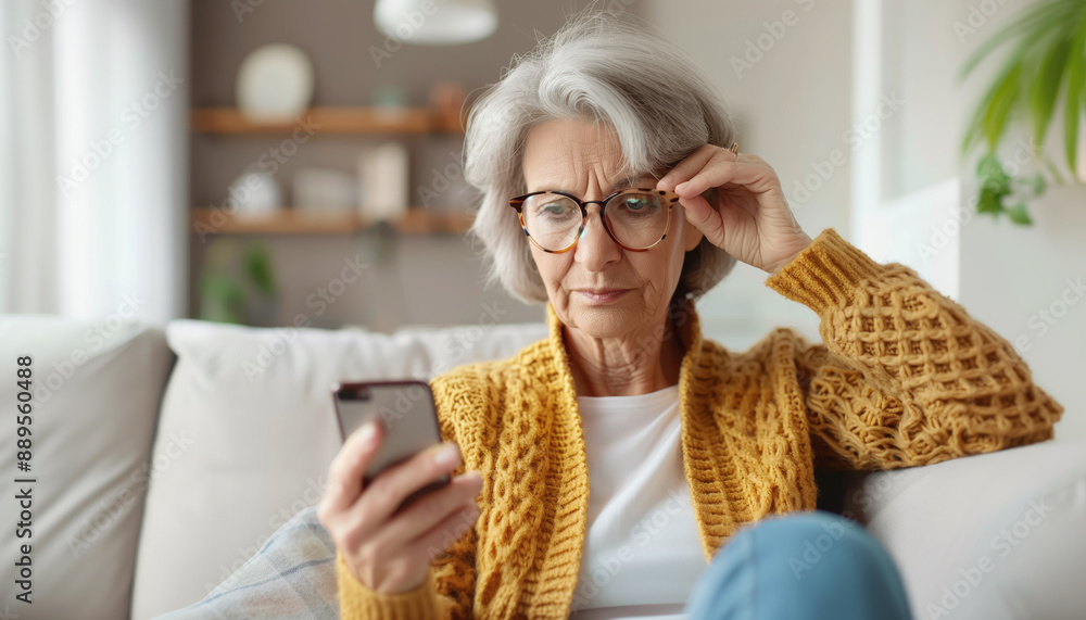 50-year-old woman sitting on comfortable sofa in modern living room, holding smartphone at squinting, adjusting glasses with other hand wearing yellow knitted sweater. Seniors and technology concept 50-year-old woman sitting on comfortable sofa in modern living room, holding smartphone at squinting, adjusting glasses with other hand wearing yellow knitted sweater. Seniors and technology concept
