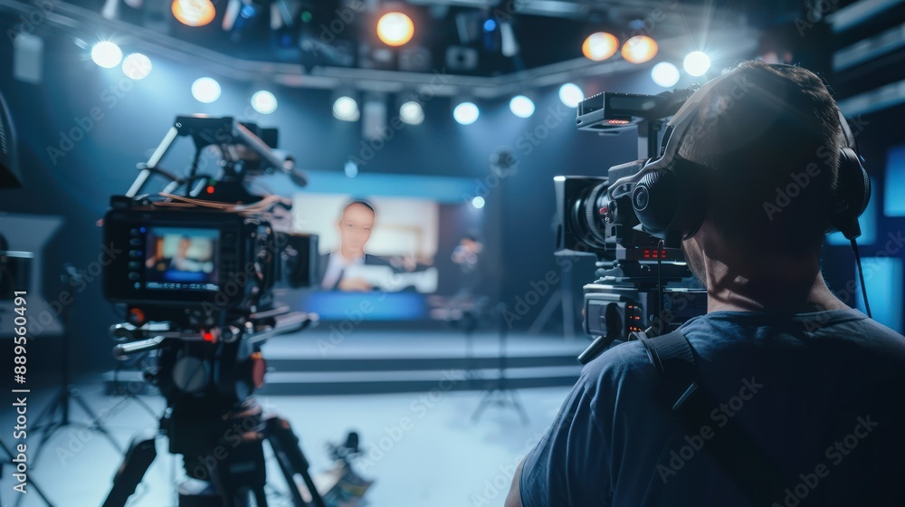 A journalist presenting a news story in a studio A journalist presenting a news story in a studio
