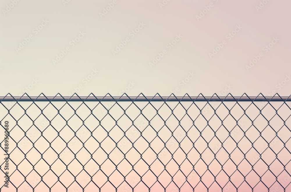 Chain link fence against a soft gradient sky at sunset, creating a minimalist and serene industrial scene. Chain link fence against a soft gradient sky at sunset, creating a minimalist and serene industrial scene.