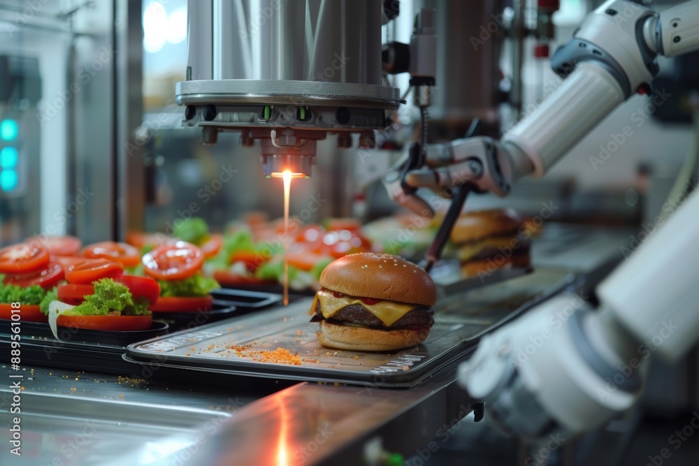 AI burger production line showcasing new taste technology, futuristic food processing AI burger production line showcasing new taste technology, futuristic food processing