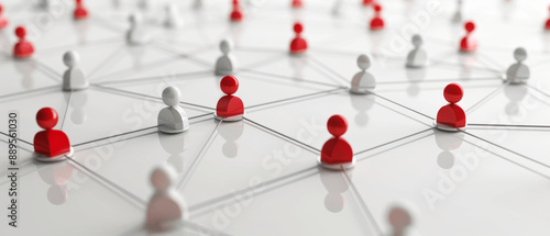 Red and white figures dot a gray grid, visually conveying network connections and social dynamics in a modern, minimalist setting.