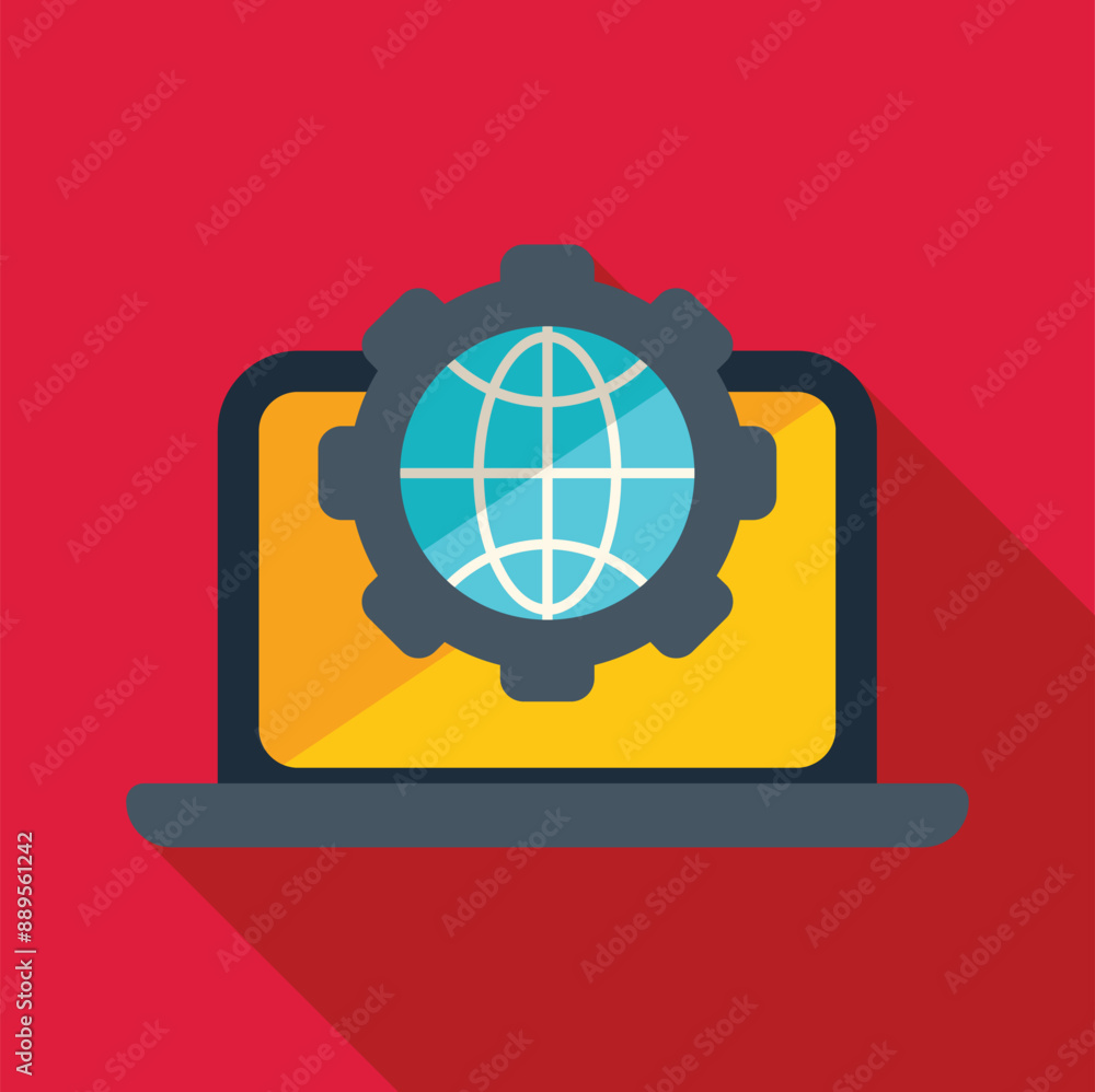 Laptop is displaying a globe inside a gear, symbolizing the interconnected nature of global business and technology Laptop is displaying a globe inside a gear, symbolizing the interconnected nature of global business and technology