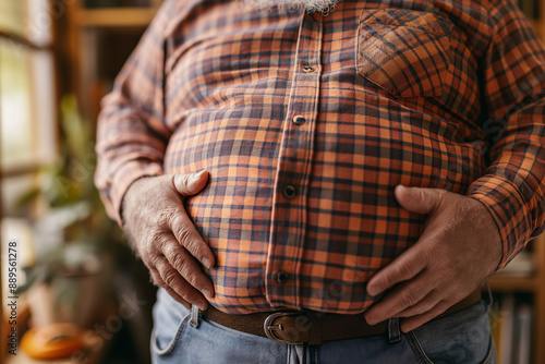 Close-Up of Overweight Man's Belly in Plaid Shirt © SITI