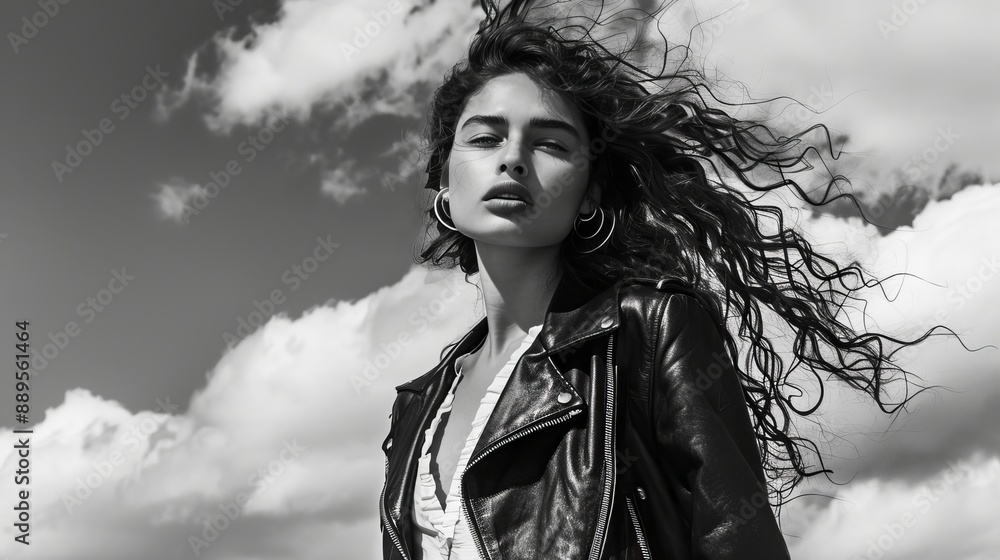 Fashion model in a leather jacket, outfit, and jewelry in a black and ...