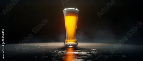 A solitary glass of golden beer is eloquently lit, sitting amidst a shadowy backdrop and reflecting light off the sleek table's surface, highlighting its clarity. photo