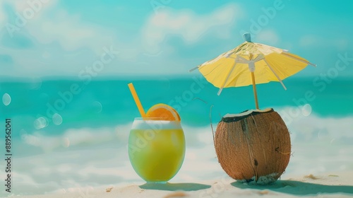 A coconut drink with a straw and umbrella on a beach