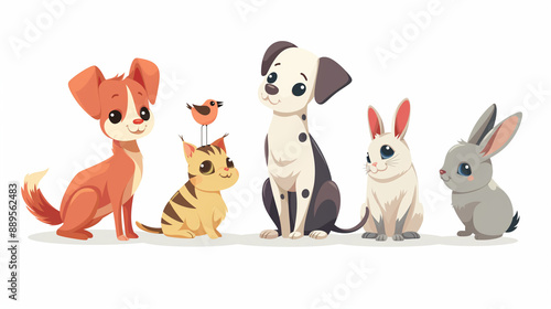 Vector group of pets including a dog, cat, bird, and rabbit, isolated on a white background