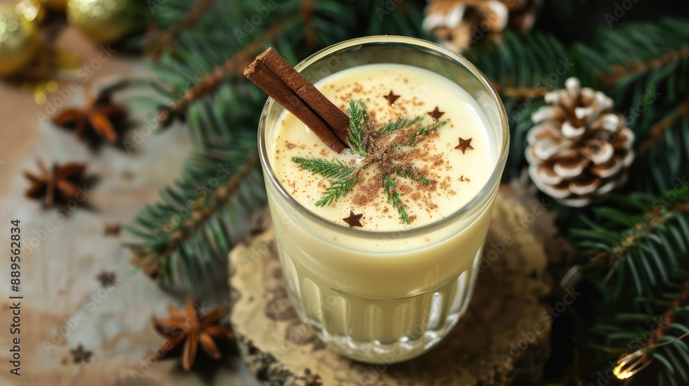 A festive glass of eggnog with a cinnamon stick A festive glass of eggnog with a cinnamon stick